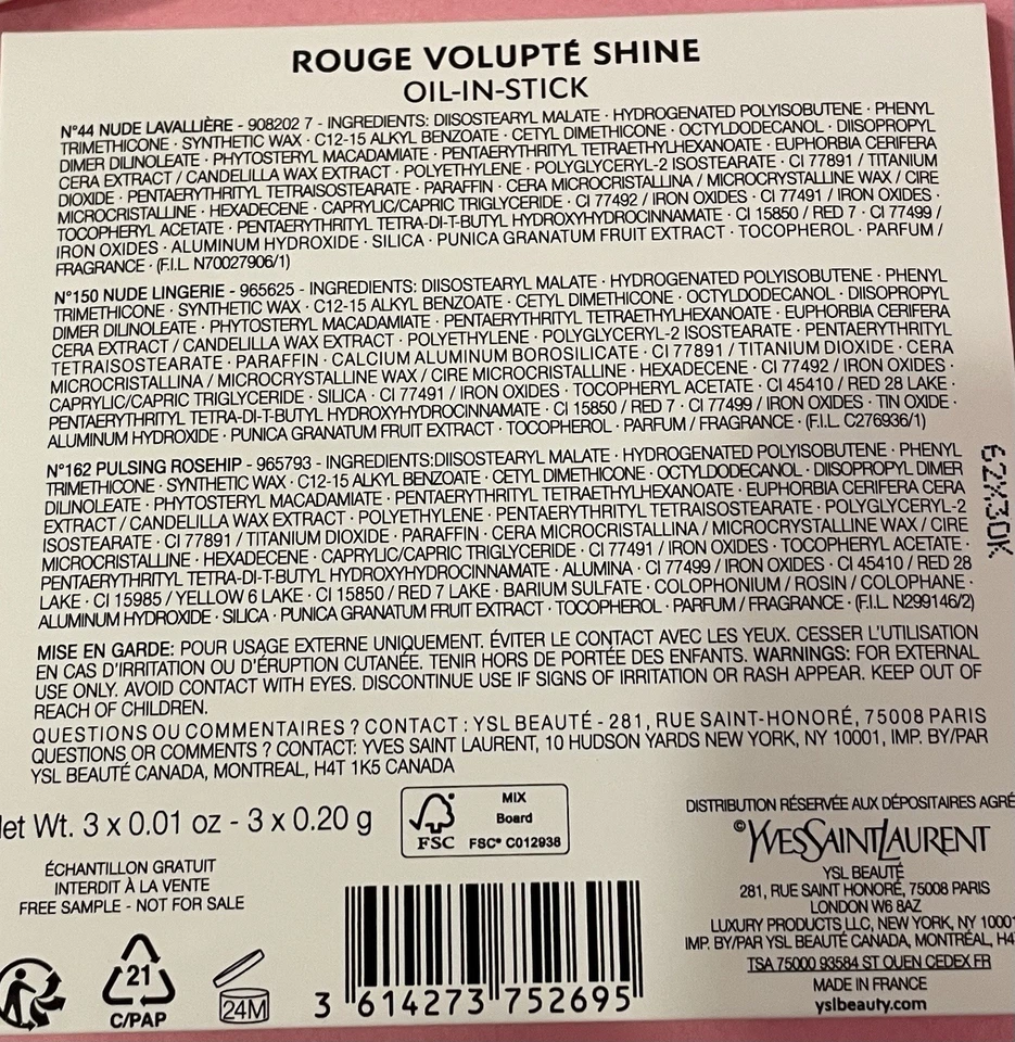 6 muestras de aceite brillante Yves Saint Laurent Rouge Volupte en lápiz labial n.º 44 150 162 Foto 4 de 4