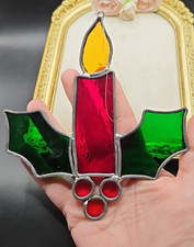Vintage Stained Glass Candle Holly Suncatcher Decor Window Green Red Holiday