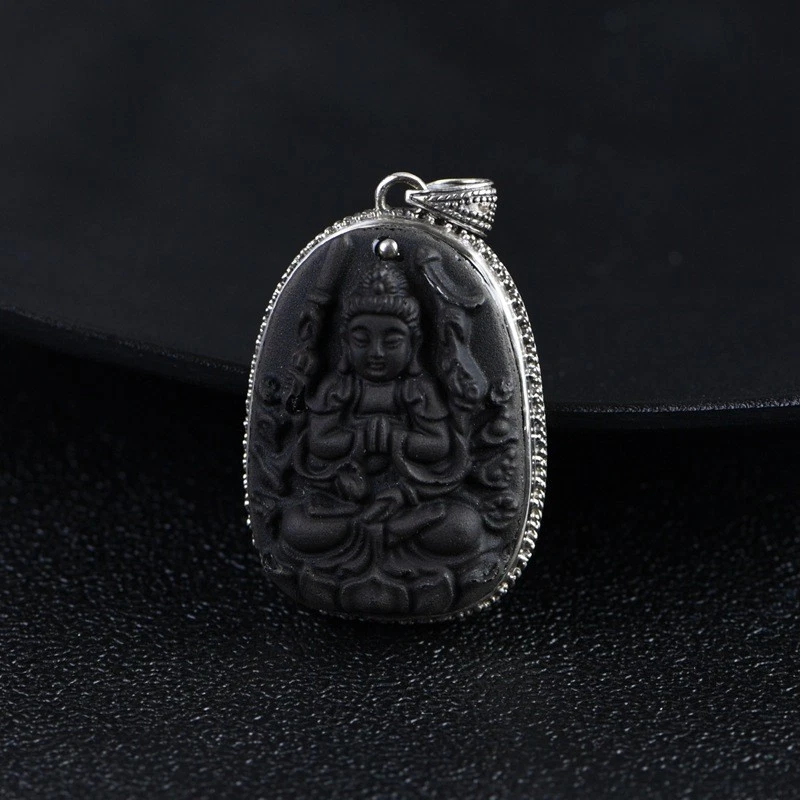 Colgante de plata esterlina S925 BUDDHA BODHISATTVA ágata negra tallada vintage 25 g Foto 3 de 4