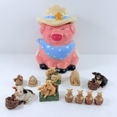 Vintage Cowboy Pic Cookie Jar W/ Sheriff Hat & Assorted Miniature Pig Figurines