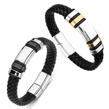 Men Women Vintage Black Braided Genuine Leather Bracelet Wristband Bangle 8.5"