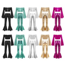 Kids Girls Bell-bottom Shiny Pants Disco Theme 2-Piece Cheer Metallic Crop Top