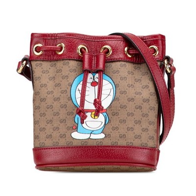 Gucci Doraemon GG Supreme Bucket Bag Shoulder Brown Red Leather