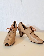 Vintage 1930's Lace-up Open Toe Taupe leather Heels Size 10.5 AAA by Dickerson
