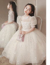 Girls Kids Show Long dress Mesh Puffy Sleeve Ball Princess Party Frock 49551