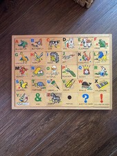 Vintage 2-sided Alphabet Reading Numbers Math More Wooden Puzzle Tiles Complete