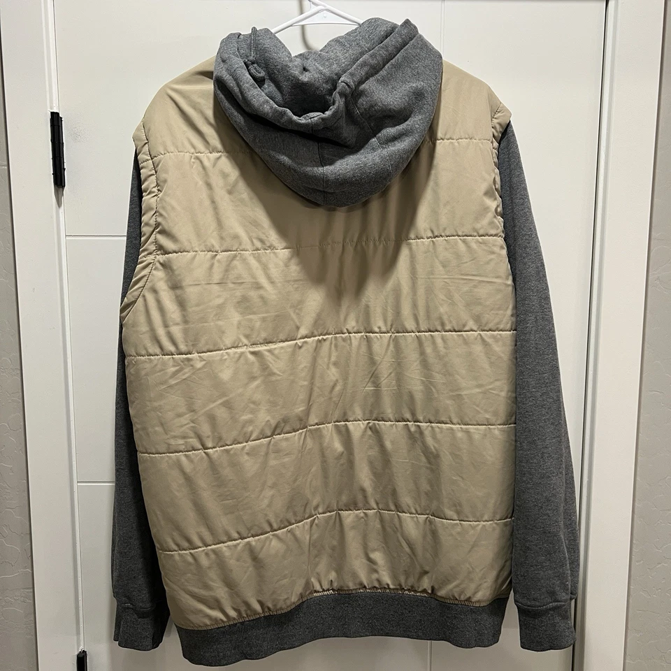 RVCA Men’s Large Quilted Jacket w Attached Gray Hoodie Color Block Cream Vest - Image 2 of 4