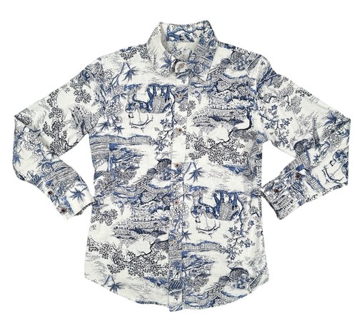 Mens Unisex Linen White Blue Elephant Willow Drawing Art Shirt - See Measurement