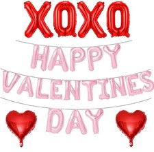 16" Pink Happy Valentines Day Heart Balloons, XXOO Valentines Day Banner Deco...