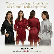 Women Satin Silk Lace Kimono Night Dress Robe Ladies Sleepwear Gown UK Luxury
