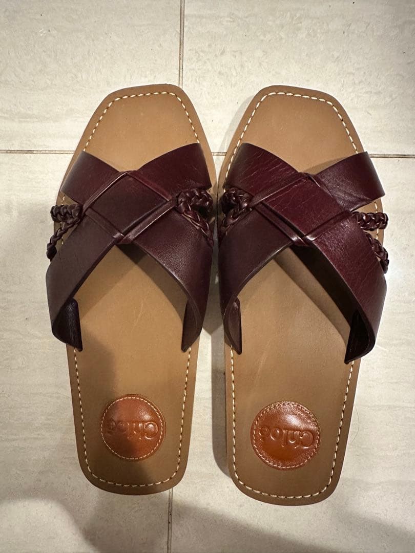 Chloe Leather Sandals Bordeaux Size EU37 US7 Braided Straps Flat Shoes