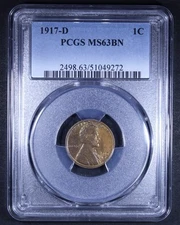 1917-D Lincoln Wheat Cent - 1c PCGS MS63 BN - Brown