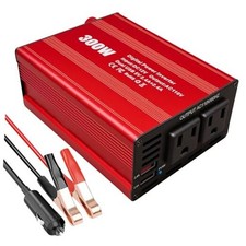 300W Car Power Inverter 12V to 110V,Car Charger Dual AC Outlet 2 USB-A DC Red