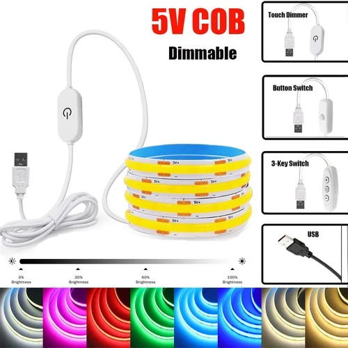 Dimmable COB LED Strip Lights 5V USB Flexible Tape Kitchen DIY TV Back Lighting