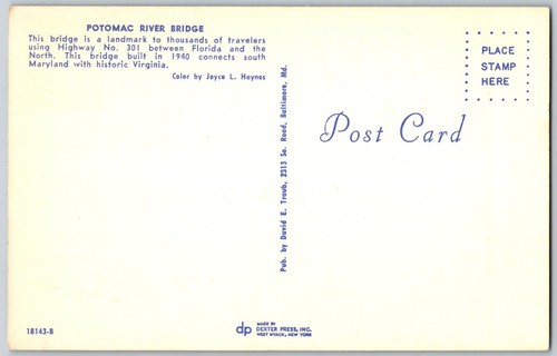 Postal de colección Potomac River Bridge Hwy 301 VA-MD Virginia Maryland - Imagen 2 de 2