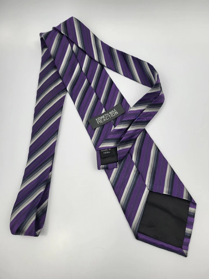 Kenneth Cole Reaction Silk Tie Purple Gray Black Stripes Men Necktie 59 x 3.3/8 - Image 4 of 4