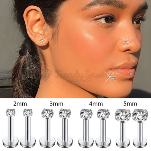 2-5MM Shiny Crystal CZ Ear Cartilage Nose Labret Stud Piercing Surgical Steel 2x - Afbeelding 1 van 55