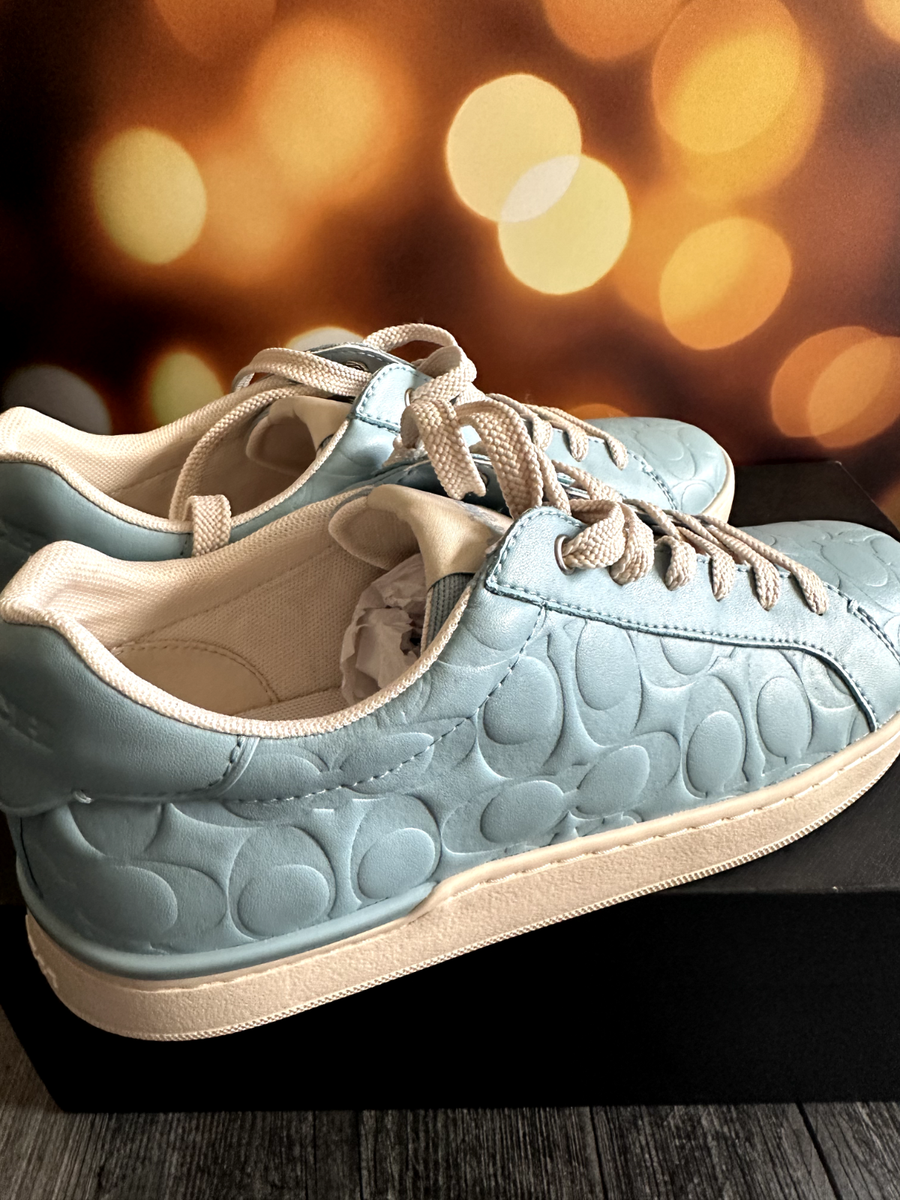 Coach Women,s Clip Sneaker Signature Leather Casual Low Blue Size