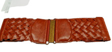 Brown Elasticed Belt - Braided Faux Leather and Brass Accents - 2.5" Wide