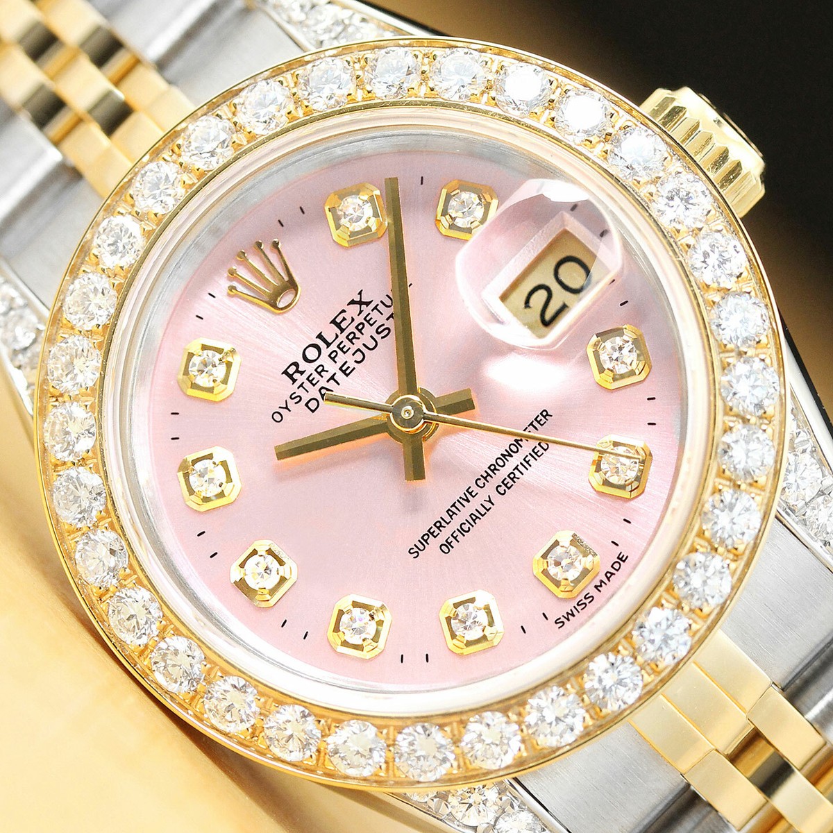 LADIES ROLEX DATEJUST 69173 1.1 CT DIAMOND BEZEL LUGS PINK 18K
