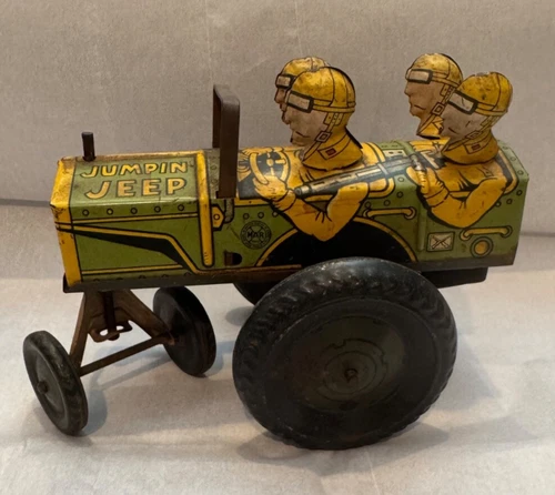 MARX "JUMPIN JEEP" MILITARY WINDUP TIN TOY,  WORKS,  VINTAGE 1940'S