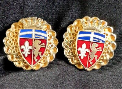 Vintage Enamel Gold Tone Coat of Arms Libertas Crest Crown Lion Clip On Earrings