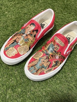 VANS Superman Custom Vintage Comic Print Classic Slip-On Red Men's US 7 Shoes