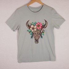 Lulu Mac Graphic T-Shirt Flowers Cow Skull Si...