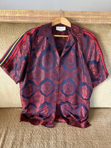 Gucci Men's Silk Jacquard Bowling Shirt with Web Stripe (Size EU 48 / US Medium)
