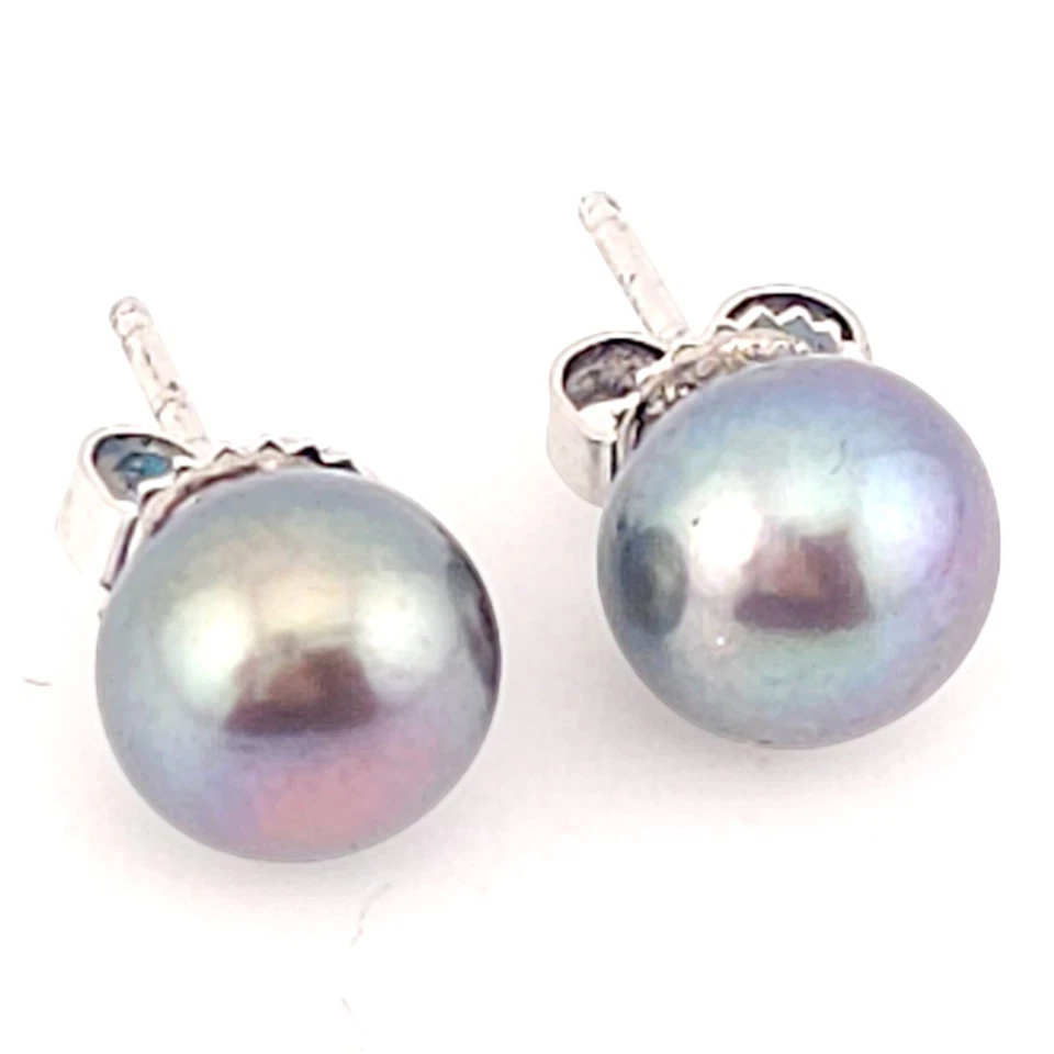 Perlas de pavo real cultivadas Honora de 9 mm gris plata de ley 925 poste nuevo Foto 3 de 4