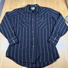 Vintage Ely Cattleman Mens M 15.5 33 Shirt Pearl Snap Black Striped Western