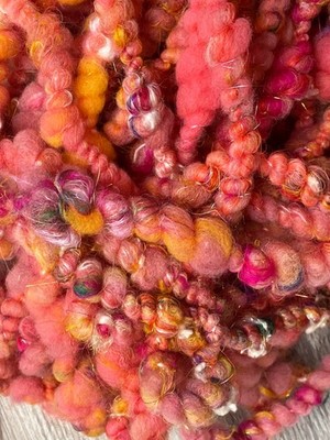 Hanspun art yarn super coils Sunset pink sparkle Saori weaving felting craft