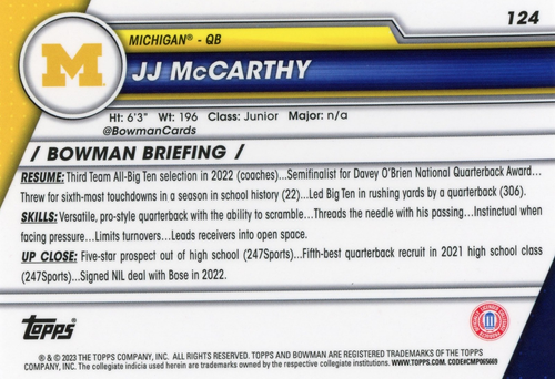 🏈 J.J. McCarthy 2023 Bowman U Chrome #124 - Picture 2 of 2