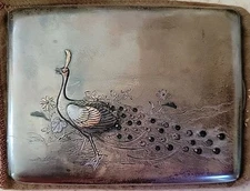 Antique Japanese Artist Signed Sterling Silver Cigarette Case Engraved Peacock 