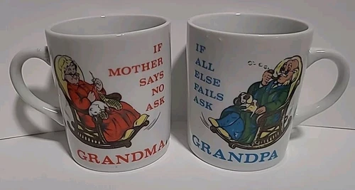 Pair Of VTG Milk Glass Coffee Cups Ask Grandma Grandpa White Mugs Novelty 6 Oz