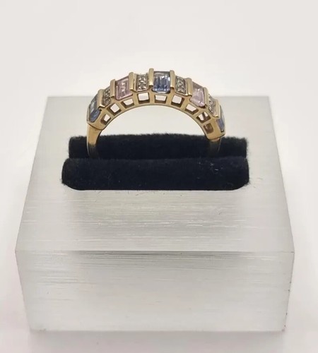 9ct Yellow Gold Multi-Gemstone Ring Blue & Pink Topaz & Diamonds Ring Size O 1/2 - Picture 6 of 11