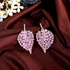 Pink CZ Round Tennis Wide Leaf Earrings Yellow Gold Plated Women Party Jewelry