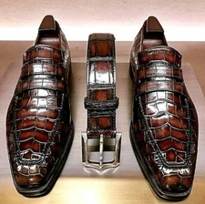 Men Handmade Brown Alligator Texture Leather Moccasin Shoes, With Matching Belt