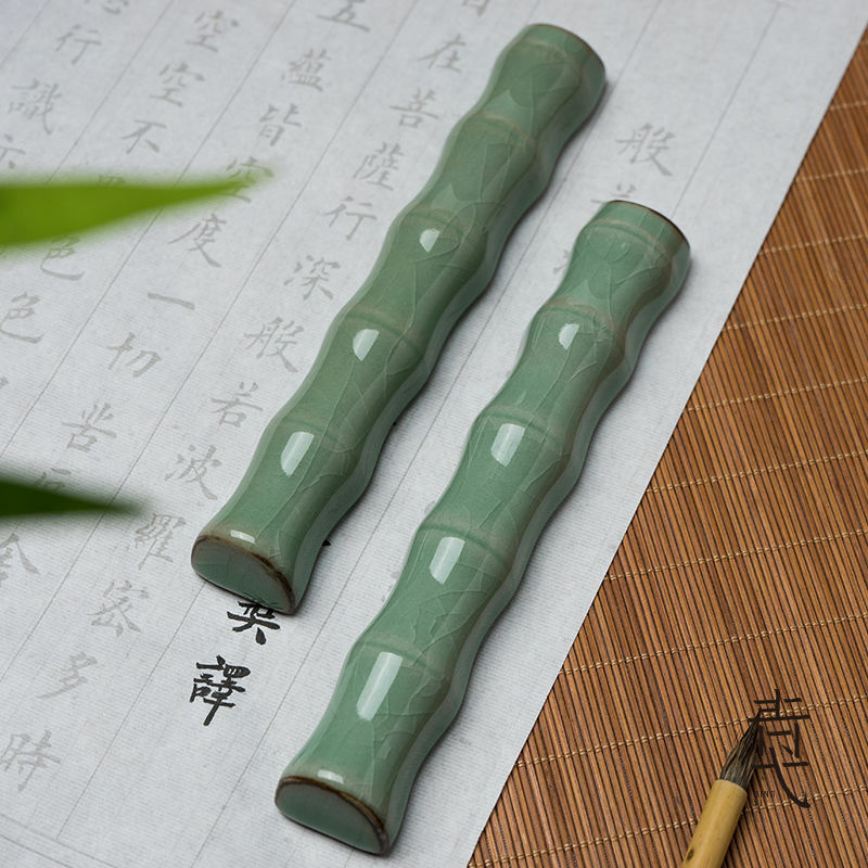 2 Pcs Bamboo Longquan Celadon Ceramics Paperweights Brush Rest Calligraphy Tool