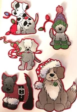 Set of 5 Festive Dogs - Iron On fabric appliques - Holiday Pups
