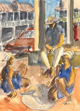 20th Century Watercolour - Caribbean Street Scene