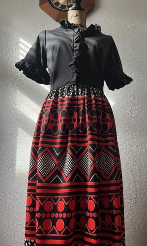 1960s 1970s Volup XL Maxi Hostess Dress Red Black Retro Plus Size Boho Hippy 60s - Picture 2 of 10