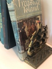 Vintage Brass Sailing Ship Bookends w/Nautical Books Treasure Island Pirates