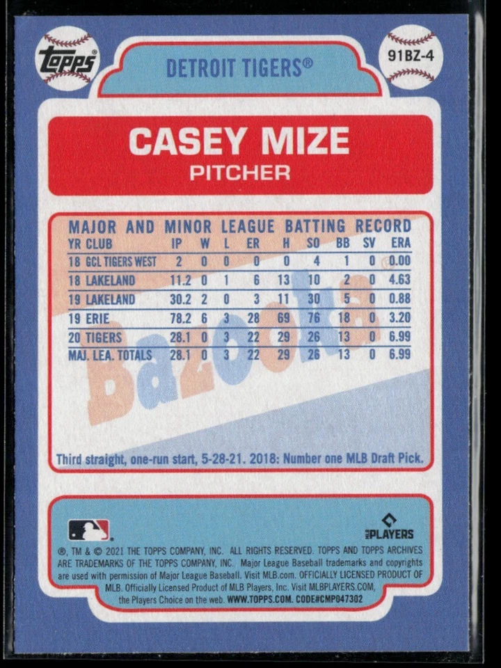 2021 Topps Archives '91 Bazooka Shining Stars #91BZ-4 Casey Mize RC - Image 2 of 2