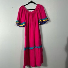 Vintage Bold 1970's Fuchsia Cotton Day Dress with Ruffles / Sz M