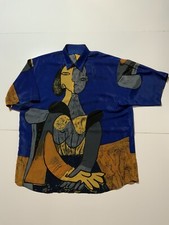 Vintage 80s 90s Picasso Art Cubism Sheer Joined Hands Button S/S AOP Shirt
