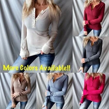 Women's Basic Button Front Long Sleeve Waffle Knit Thermal Stretch Henley Top 