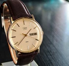 VINTAGE TIMEX DAY DATE ELEGANT DIAL QUARTZ GOLDEN BROWN LEATHER DRESS WATCH