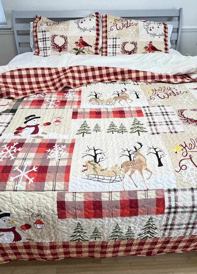 MarCielo Luxury Christmas Queen Patchwork Quilt Pillow Shams 3 piece Set Plaid - Image 2 of 4