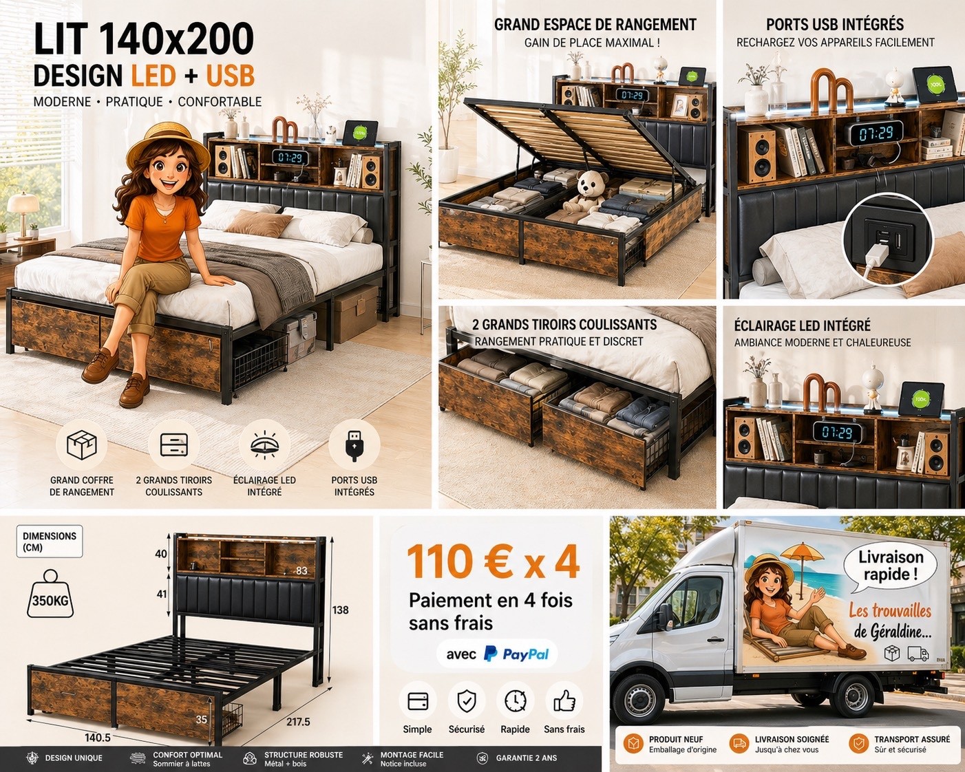 Lit 140x200 bois et cuir PU avec tête de lit lumineuse LED et ports USB